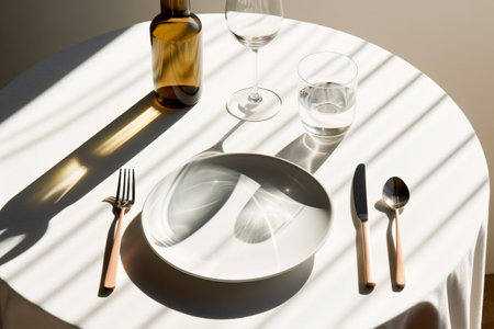 Top Perspective of Dining Table for One with Light Flare, Generative AIの素材