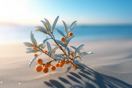 Happy vibrant summertime composition with sea buckthorn plant with berries on sand, Generative AIの素材