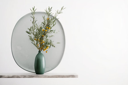 Sea buckthorn branch in green vase on a shelf, image with white copy blank space, Generative AIの素材