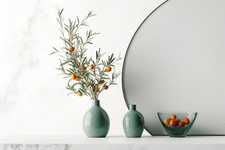 Inferior room creative composition with sea buckthorn in green vases and large oval gray board on white background, Generative AIの素材