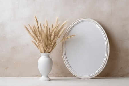 Oval blank frame with pampas grass against beige wall, Generative AIの素材