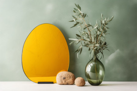 Set composition with oval glass yellow board with stones, green glass vase, plant branch, Generative AI:の素材