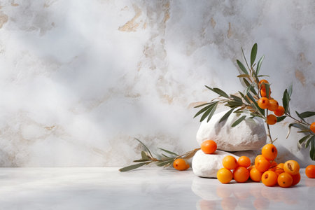 Natural composition with stones and sea buckthorn berries against blank wall, Generative AIの素材