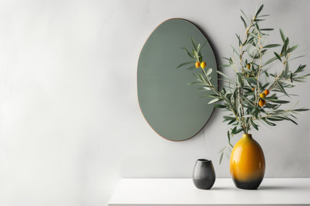 Green oval decorative board with orange vase with sea buckthorn plant and copy blank white space, Generative AIの素材
