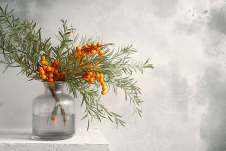 Sea buckthorn composition with glass bottle and copy blank space, Generative AIの素材