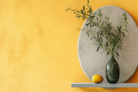 Vibrant yellow set with green vase and plant branch, Generative AIの素材