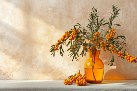 Sea buckthorn composition with orange glass vase against vibrant orange wall with smudges, Generative AIの素材
