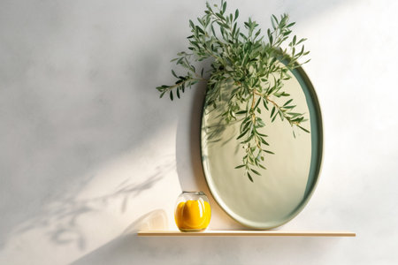 Green vertical board with green plat branch and small vase against wall with shadows, Generative AIの素材