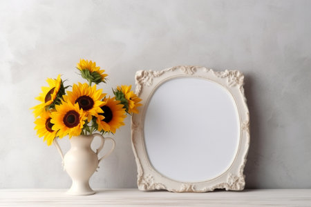 Baroque style oval square frame with sunflowers in vase in beige colors, Generative AIの素材