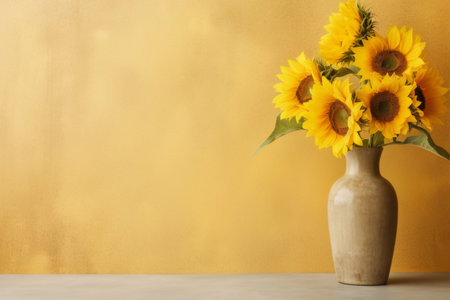 Sunflowers in brown vase against yellow wall, blank wall, mockup, Generative AIの素材