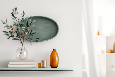 Composition with green oval board plate, sea buckthorn branch in vase, small glass vases and books on a shelf, Generative AIの素材
