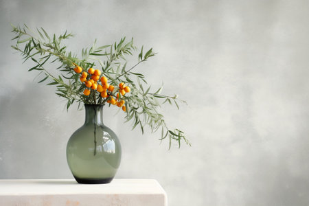 Sea buckthorn plant with orange berries in green glass vase with copy blank space, Generative AIの素材