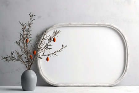 White oval blank frame with white vase with sea buckthorn plant branch, Generative AIの素材