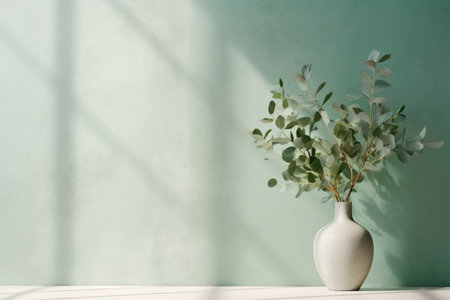 Fresh blank wall background with Eucalyptus plant branch in vase against green wall, copy blank space, Generative AIの素材