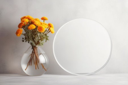 Ethereal Floral Display: Marigold Flowers Encased in a Round Matte Glass Canvas, Generative AIの素材