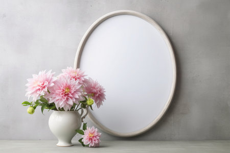 Grand Oval Frame Showcasing Delicate Pink Dahlia Flowers Against a Gray Backdrop, Generative AIの素材