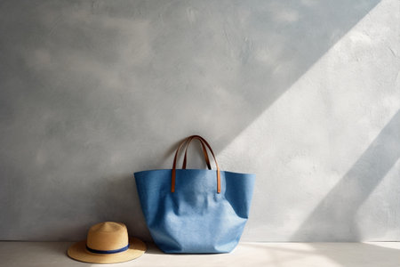 Summer blue tote bag and sun hat with wide brims against gray wall with light rays and shadows, image with copy blank space, Generative AIの素材