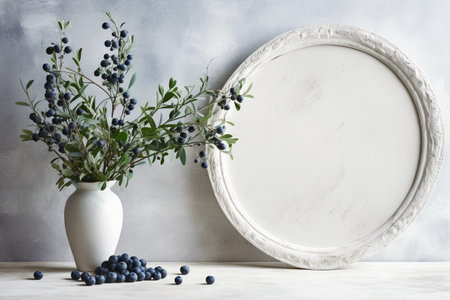 Delicate composition with blueberries branch in blue porcelain vase and blueberries on the left side of image, image with copy blank space, Generative AIの素材