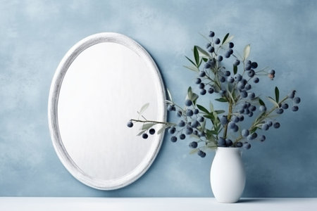 Mockup of oval white blank frame, photo canvas with blueberries branch in small white vase, Generative AIの素材