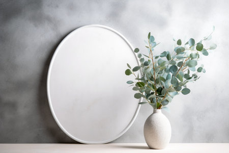 Mockup, oval frame blank photo canvas with eucalyptus plants in white vase, Generative AIの素材