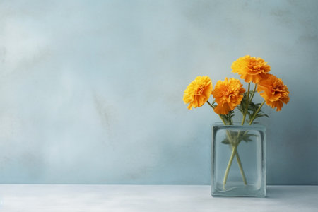 Marigold Elegance: A Serene Floral Presentation in a Glass Vase with Blank Space, Generative AIの素材
