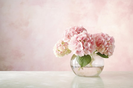 Hydrangea flowers in glass ball vase against pink wall, Generative AIの素材