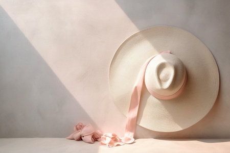 Feminine composition with summer hat with wide brims and silk ribbon, Generative AIの素材