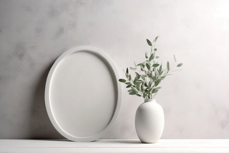 White oval frame with fresh eucalyptus branch against white wall, Generative AIの素材