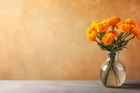Luminous Floral Canvas: Marigold Blooms Against a Soft Orange Wall, Generative AIの素材