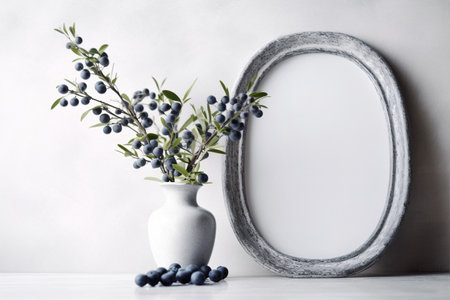 Sleek Gray Oval Frame Mockup with Blueberries in a White Vase, Generative AIの素材