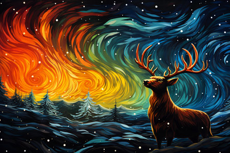A minimalist line illustration captures the silhouette of a reindeer, set against a backdrop of a star-studded night sky, Generative AIの素材