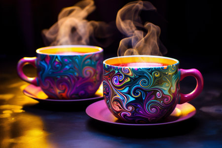 Vibrantly colored coffee mugs emit steam, artistically represented by fluid wavy patterns, creating a lively scene, Generative AIの素材