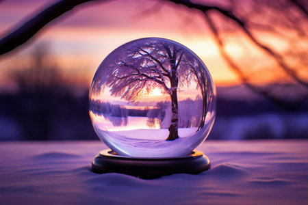 A glass ornament, reflecting a curved perspective of a winter rural scene, offers a unique view of nature's tranquility in purple, Generative AIの素材