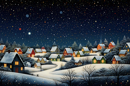 A picturesque winter scene captures a quaint countryside house, with snowflakes gently falling, all rendered in a unique pointillism style, Generative AIの素材