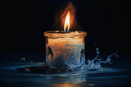 A single candle burns brightly, its flame creating captivating fluid patterns that dance in the surrounding darkness, Generative AIの素材