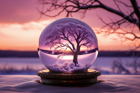 A transparent glass bauble, reflecting a serene winter landscape, captures the essence of nature's beauty in purple tones, Generative AIの素材