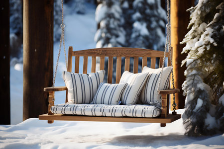 A farmhouse swing, adorned with plush pillows, offers a cozy spot for relaxation amidst the chilly winter atmosphere, Generative AIの素材