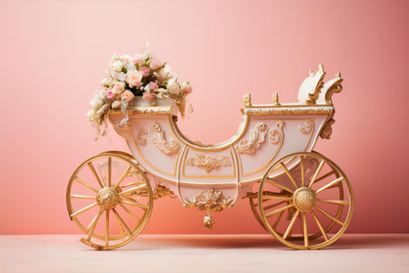 A lavish girly carriage, painted in soft pink hues and adorned with floral motifs, stands regally against a matching pink background, Generative AIの素材