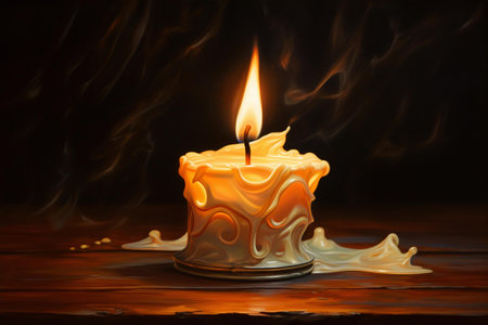 A yellow candle, set against a moody dark background, melts gracefully, with its wax flowing in fluid patterns, Generative AIの素材