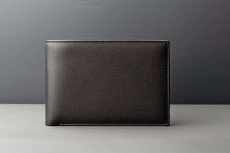 A rectangular leather wallet for men, elegantly placed on a gray surface, Generative AIの素材