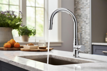 A sleek modern kitchen setting is highlighted by a shining silver tap, from which water flows gracefully, capturing the essence of contemporary design and functionality, Generative AIの素材