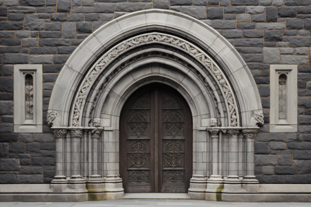 A medieval-inspired door, its gray facade adorned with intricate decor, standing as a testament to time, Generative AIの素材