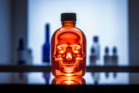 A transparent glass bottle, its vibrant orange hue hinting at the toxic substance within, marked by a skull symbol, Generative AIの素材