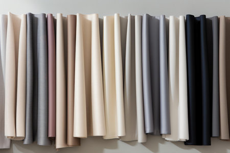 A diverse collection of fabric materials, each swatch folded meticulously, ready for sewing or wardrobe creation, Generative AIの素材