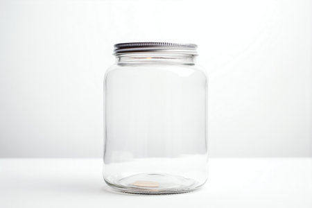 A clear glass jar, sealed with a shiny silver cap and devoid of labels, offers a blank slate for customization, set against a white canvas, Generative AIの素材