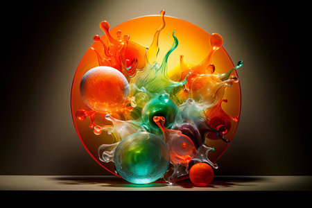 An artful arrangement of molded glass pieces, each with its unique color and shape, serves as a captivating home decor element, Generative AIの素材
