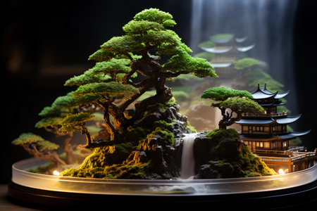 A serene bonsai tree scene, where liquid smoke mimics a waterfall, is complemented by a tiny decorative Japanese house on a plate, Generative AIの素材