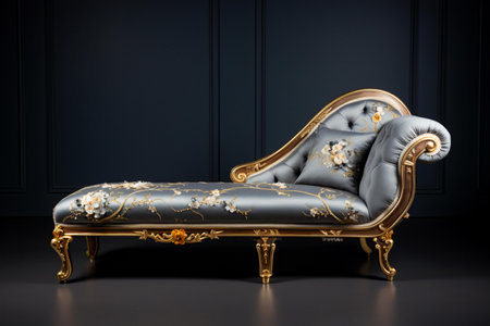 A daybed, its design echoing the lavishness of the baroque era, set against a dark gray backdrop, Generative AIの素材