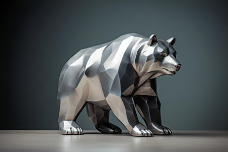 A metallic bear, symbolizing a bearish financial market, is rendered in a 3D style and set against a soft gray-green background, Generative AIの素材