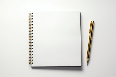 A spiral-bound notebook, with a blank facade, is accompanied by a metallic golden pen, both set against a pristine white surface, Generative AIの素材